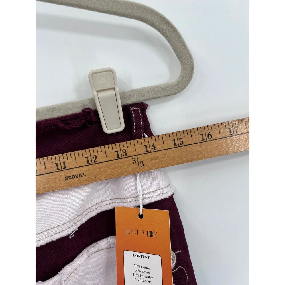 Patchwork Colorblock Jeans Burgundy Tan White Frayed Hem Size M NWT - Picture 8 of 9